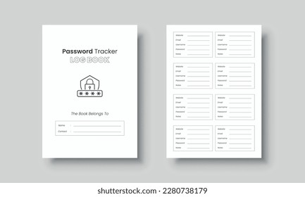 Password log book template. Website password tracker log book. Website information and password notebook interior for KDP