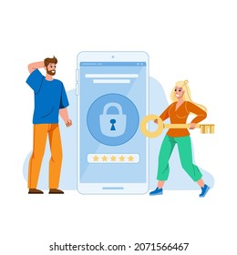 Password And Login Device Security System Vector. Man And Woman Users With Key Try Unlock Smartphone Security System. Characters Gadget Protective Technology Flat Cartoon Illustration