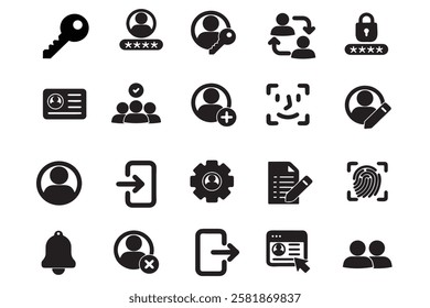 password, login, identity, access solid vector icon set For website design, logo, app,ui, ux