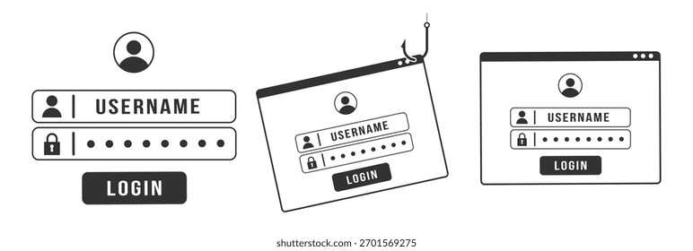 Password and login security icons set. Phishing alert and cyber protection symbols on transparent background