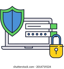 Password and login user access on laptop screen icon. Flat vector computer and secure verification code under shield protection