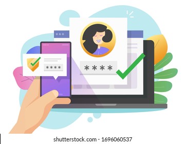 Password login verification code push message or sms for 2fa authentication notice with shield icon in mobile phone and laptop computer pc vector flat cartoon colorful, two factor or multi factor idea