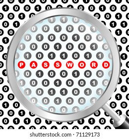 PASSWORD. Magnifying glass over background with different association terms. Vector illustration.