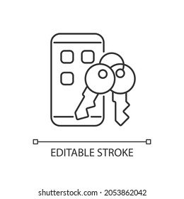 Password management app linear icon. Mobile phone safety. Secure smartphone. Password management. Thin line customizable illustration. Contour symbol. Vector isolated outline drawing. Editable stroke