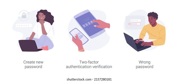 Password management isolated cartoon vector illustrations set. Man with laptop create password, two-factor authentication verification, wrong login info, access blocked, data loss vector cartoon.