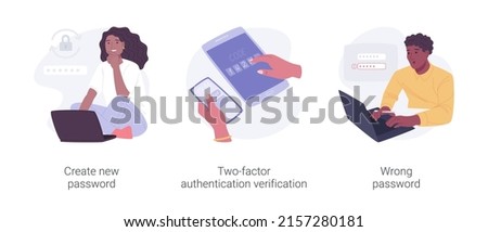 Vector Password management isolated cartoon vector illustrations set. Man with laptop create password, two-factor authentication verification, wrong login info, access blocked, data loss vector cartoon.