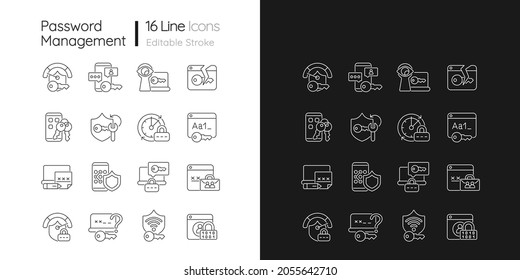 Password management linear icons set for dark and light mode. Smartphone and computer safeguard. Online privacy. Customizable thin line symbols. Isolated vector outline illustrations. Editable stroke