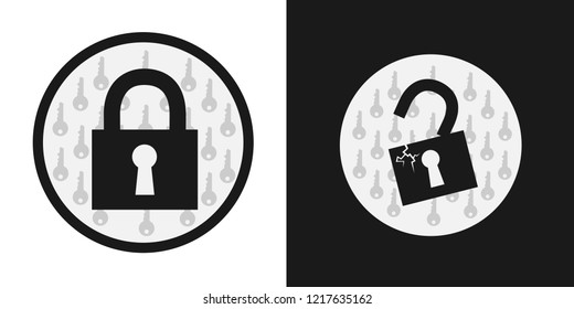 Password manager with ig master padlock as protection for keys. Vulnerable lock after attack and hacking is damaged - unsecure and unlocked database with lack of security. Vector illustration