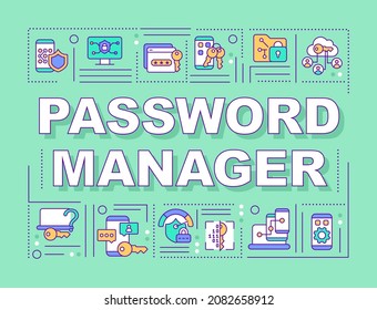 Password manager protecting information word concepts banner. Infographics with linear icons on green background. Isolated creative typography. Vector outline color illustration with text