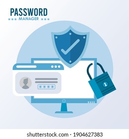 Password Manager Theme With Check Symbol In Shield And Desktop Vector Illustration Design