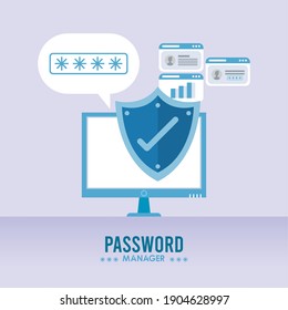 password manager theme with check symbol in shield and desktop computer vector illustration design