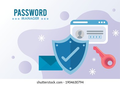 password manager theme with check symbol in shield and icons vector illustration design