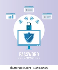 password manager theme with check symbol in shield and padlock in desktop vector illustration design
