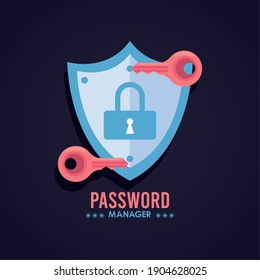 Password Manager Theme With Keys And Padlock In Shield Vector Illustration Design