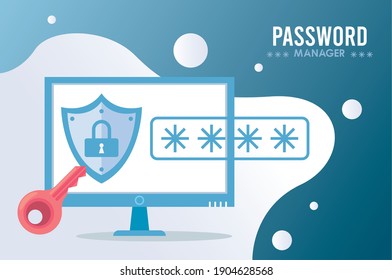 Password Manager Theme With Padlock In Shield And Cypher In Desktop Vector Illustration Design