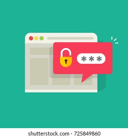 Password notification bubble with open lock in browser widow vector illustration, flat carton style login or signin icon