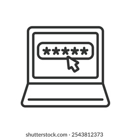 Contraseña en la computadora portátil, icono en diseño de línea. Contraseña, ordenador portátil, seguridad, cerradura, protección, acceso, autenticación en el Vector de fondo blanco. Contraseña en el icono de trazo editable portátil