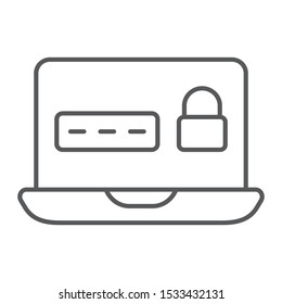 Password on laptop thin line icon, device and safety, notebook secure sign, vector graphics, a linear pattern on a white background, eps 10.