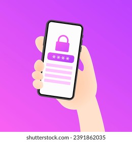 Contraseña en la pantalla del teléfono. Plano, púrpura, teléfono en la mano, icono de bloqueo de la llave, contraseña de teléfono. Ilustración del vector