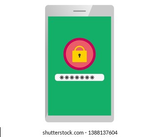 Password on smartphone screen.  Unlocking mobile phone, enter password concepts.