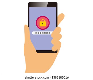 Password on smartphone screen.  Unlocking mobile phone, enter password concepts.