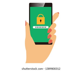 Password on smartphone screen.  Unlocking mobile phone, enter password concepts.