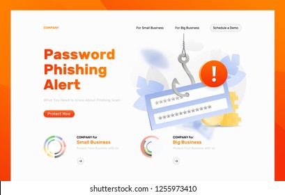 Password phishing alert vector design template. Login and password block on a big symbolic hook with an alert sign. Cybercrime and fraud concept.