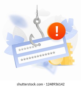 Password phishing alert vector illustration. Login and password block on a big symbolic hook with an alert sign. Cybercrime and fraud concept.