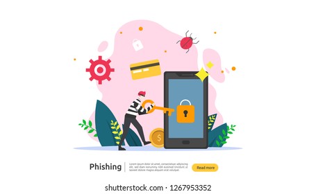 password phishing attack concept landing page template. heacker stealing personal internet security with tiny people character. web, banner, presentation, social, and print media. Vector illustration