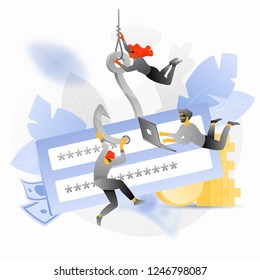 Password phishing attack vector illustration. Tiny hackers characters pull of login and password block by the hook. Cybercrime and fraud concept.