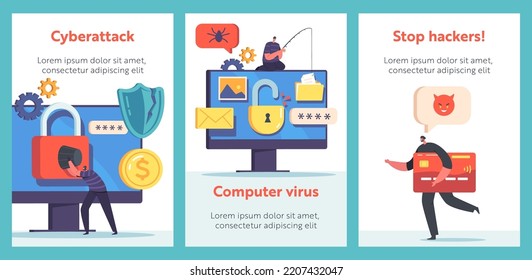 Password Phishing, Hacker Attack Cartoon Banners. Hackers Stealing Personal Data in Internet. Cyber Security Concept. Tiny Bulgar Characters at Huge Pc Steal Data Online. Vector Illustration, Posters