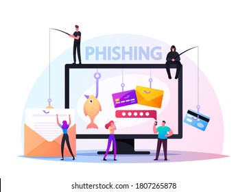 Password Phishing, Hacker Attack Concept. Hackers Stealing Personal Data. Internet Security with Tiny Character Insert Password on Website at Huge Pc, Bulgar Steal. Cartoon People Vector Illustration