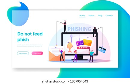 Password Phishing, Hacker Attack Landing Page Template. Hackers Stealing Personal Data. Internet Security with Tiny Character Insert Password on Website at Huge Pc. Cartoon People Vector Illustration