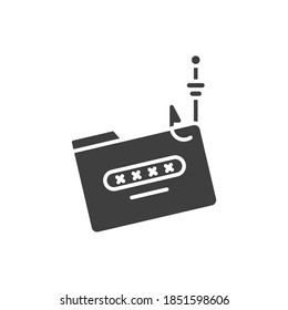 Password phishing icon. Network data security and hack, hacking. Cyber attack, online scam, password and fishing hook. solid or glyph pictogram. vector illustration. design on white background. EPS 10