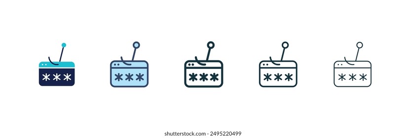 Contraseña phishing conjunto de iconos de Vector negro relleno y contorneado estilo.