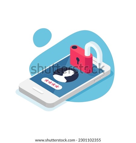Password phone protected. 3d mobile phone unlocked. Smartphone security alert. 2 factor authentication of user account. Authorization. Vector illustration in isometric style isolated.