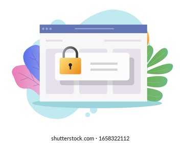 Password private access to website or web login authentication security lock vector flat cartoon, illustrated internet page in browser window with protected secure content modern colorful design