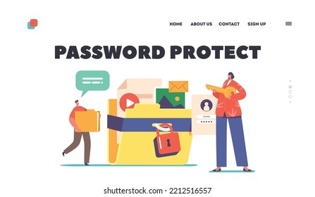 Password Protect Landing Page Template. Data Social Media Documents Security, Tiny Characters with Huge Folder and Key Protect Files. Information Privacy. Cartoon People Vector Illustration