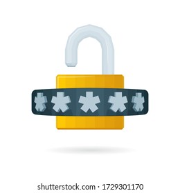 Password protected concept. Open padlock and password security access. Verification code security isometric vector illustration. Part of set.
