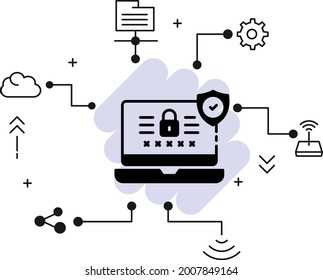 Password protected control panel vector Icon design, Padlock with Security shield Sign, Cloud computing and Internet hosting services Symbol, Login Screen Interface Concept stock illustration