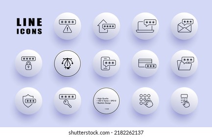 Password protected data set icon. Warning sign, home, laptop, email, lock, phone, bank card, folder, shield, key, enter the code. Privacy concept. Neomorphism style. Vector line icon for Business.