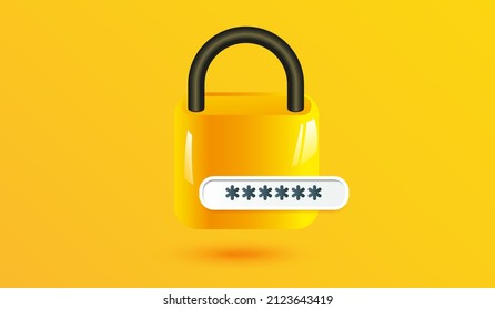 Password protected icon on yellow backround. Security sign or symbol design for mobile applications and website concept 3d vector illustration