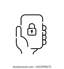 Password protected secure mobile app account. Hand holding smartphone with lock. Pixel perfect icon