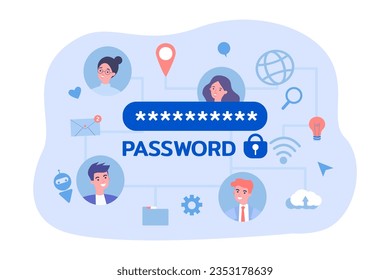 Password protecting social media data vector illustration. Cartoon drawing of faces of users, protection of personal information. Social media, privacy, protection, network concept