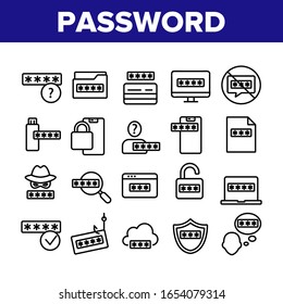 Password Protection Collection Icons Set Vector. Folder Security Password And Cloud Storage, Opened Padlock And Protect Shield Concept Linear Pictograms. Monochrome Contour Illustrations