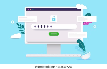 Password protection computer - Desktop with locked login screen and hidden password. Cartoon style semi flat design vector illustration
