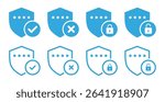 Password protection icons with shield, checkmark, cross, locked and unlocked padlock symbols in blue color. Password security shield with tick and cross mark vector illustration.
