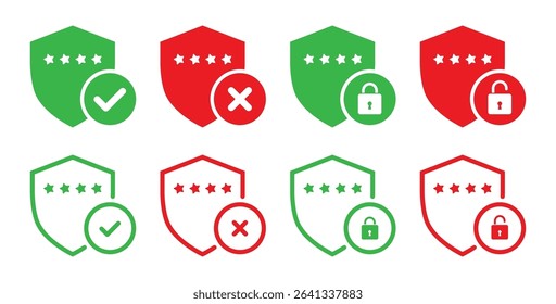Password protection icons with shield, checkmark, cross, locked and unlocked padlock symbols in green and red color. Password security shield with tick and cross mark vector illustration.