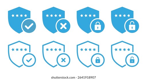 Password protection icons with shield, checkmark, cross, locked and unlocked padlock symbols in blue color. Password security shield with tick and cross mark vector illustration.