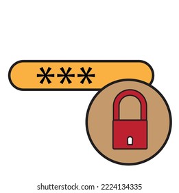 A Password Protection illustration  with encrypted words and a padlock symbol. Colored Vector , Cybersecurity  Icon 